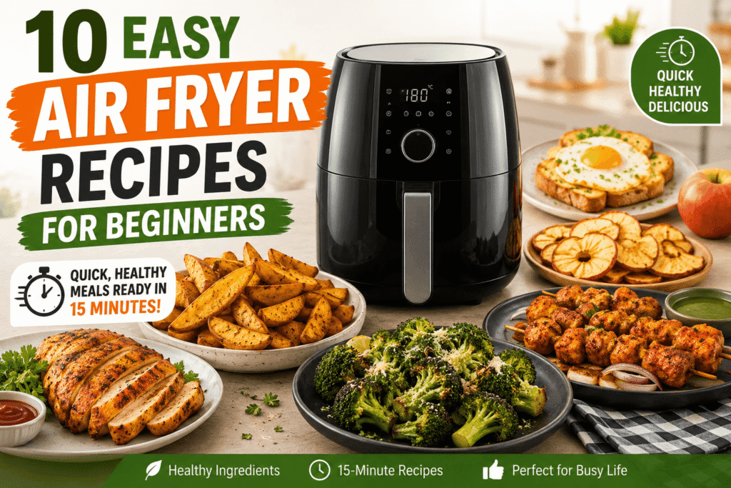10 easy air fryer recipes for beginners including chicken, vegetables, potatoes, salmon, grilled cheese, and healthy meals ready in 15 minutes.