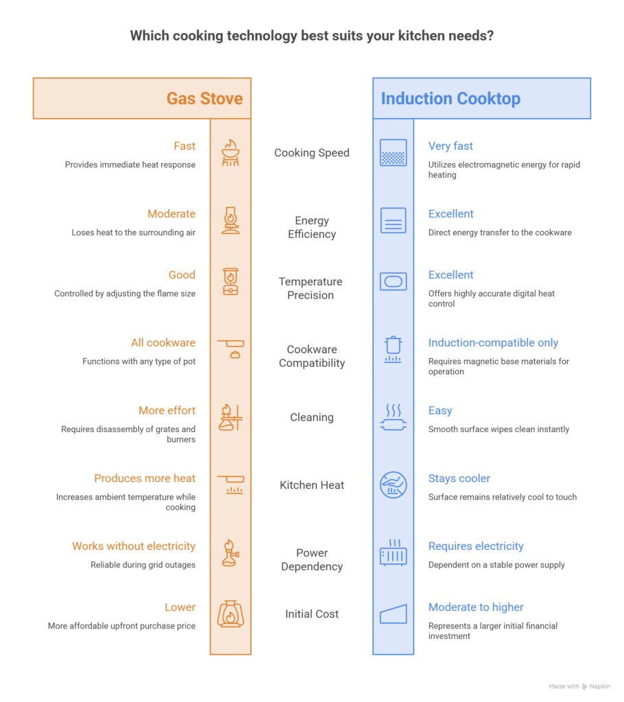 Gas stove vs induction at a glance comparison of cooking speed, running costs, safety, energy efficiency, and cookware compatibility.