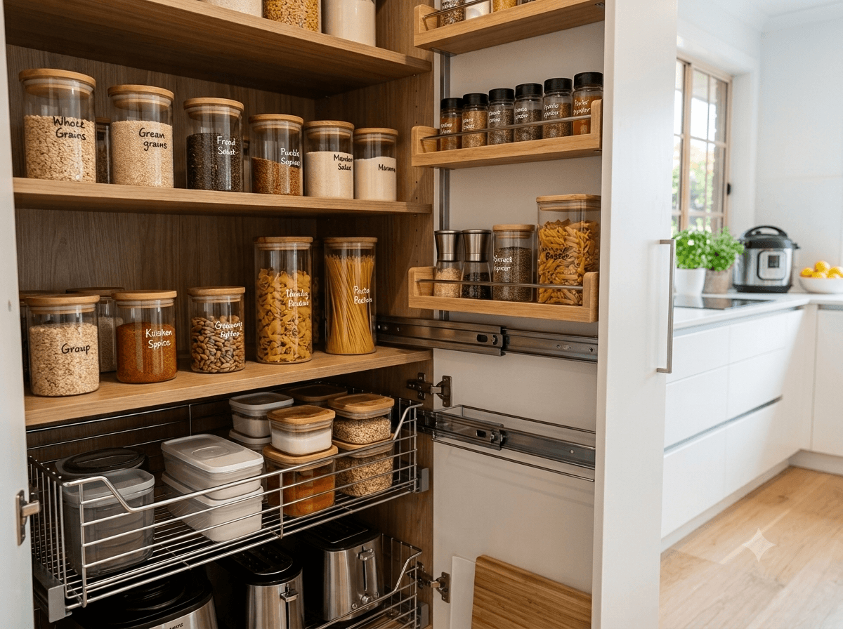 Modern organized kitchen pantry cabinet with glass jars and pull-out storage drawers