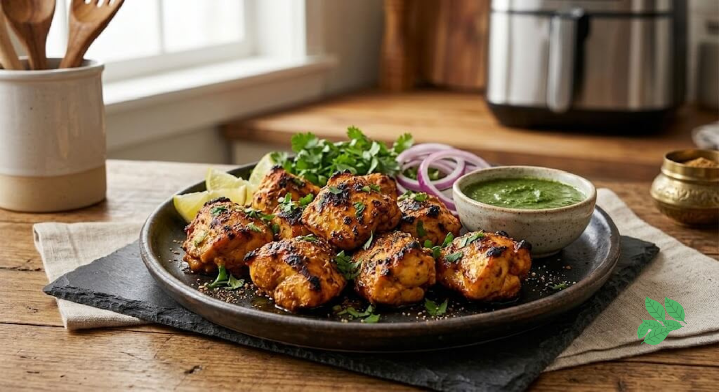 Spicy and charred air fryer chicken tikka pieces served with mint chutney and onions.
