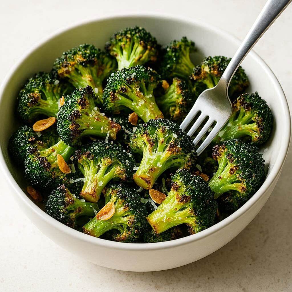 Tender and crispy air fryer roasted broccoli florets with garlic flakes in a white bowl.