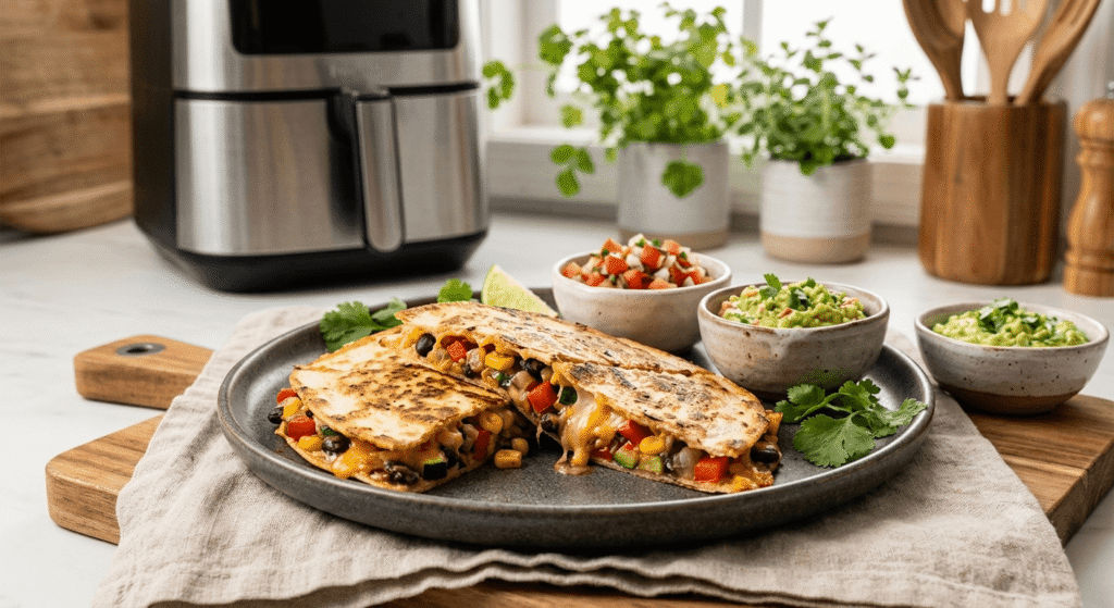 Crispy air fryer vegetable quesadilla stack with melted cheese and salsa.