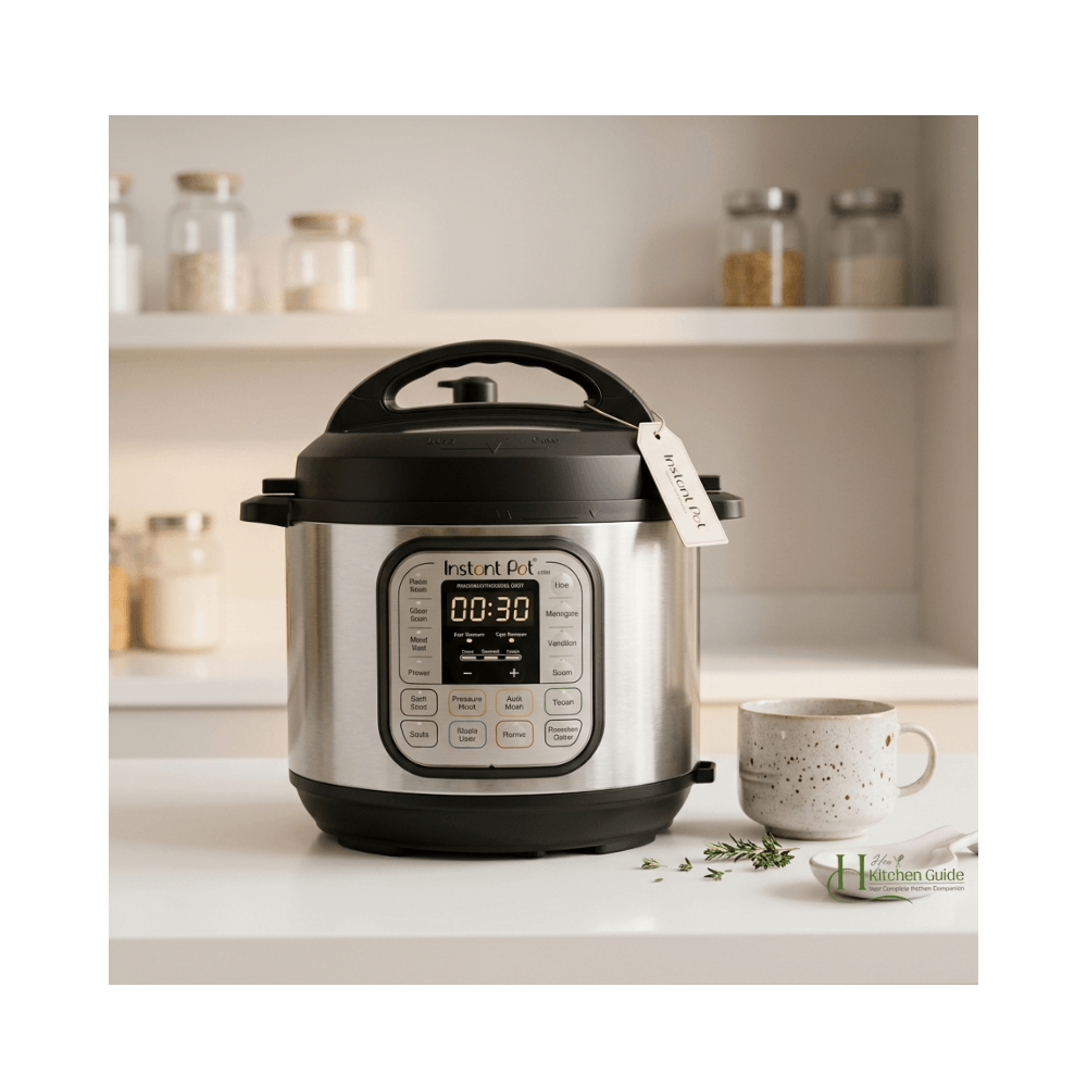 Multi-functional Instant Pot pressure cooker for small kitchens.