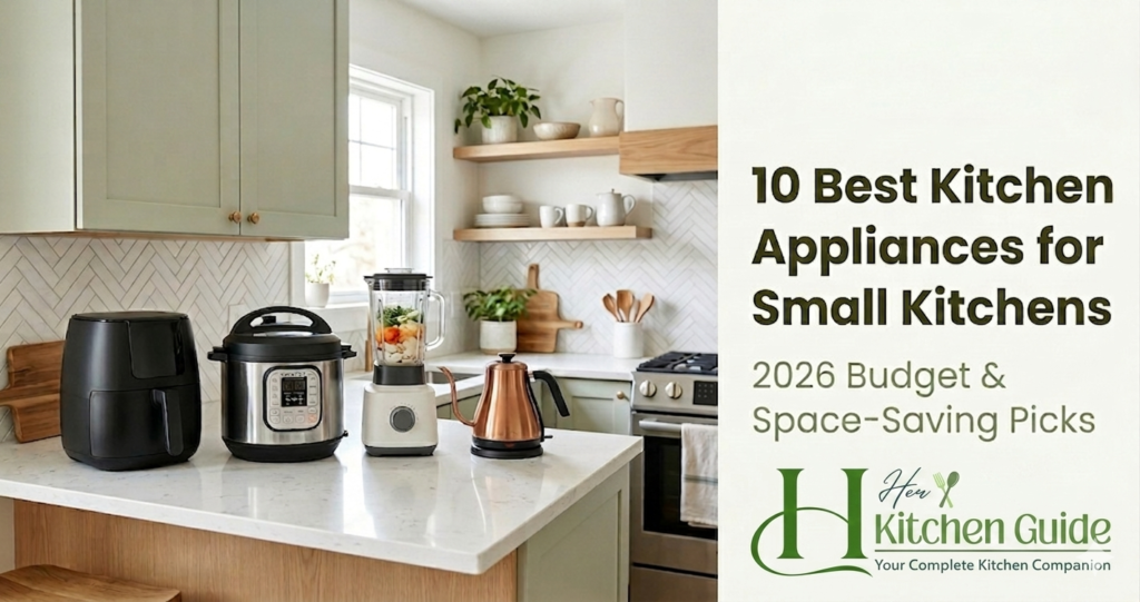 Best kitchen appliances for small kitchens including an air fryer, Instant Pot, blender, and electric kettle.