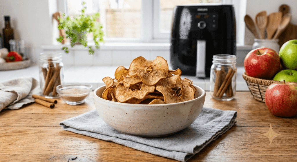 Crunchy air fryer apple chips dusted with cinnamon powder in a ceramic bowl.