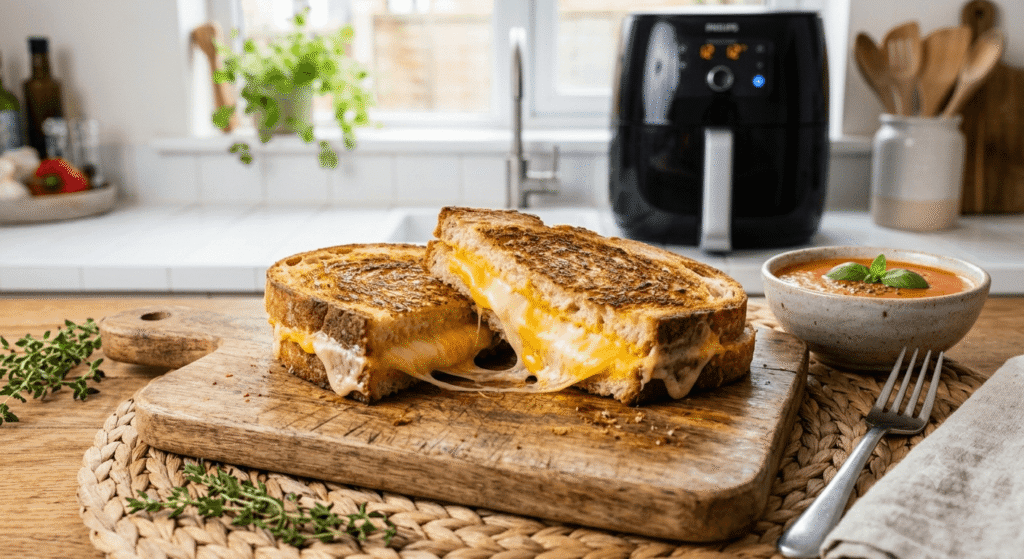 Perfectly golden-brown air fryer grilled cheese sandwich with melting cheese pull.