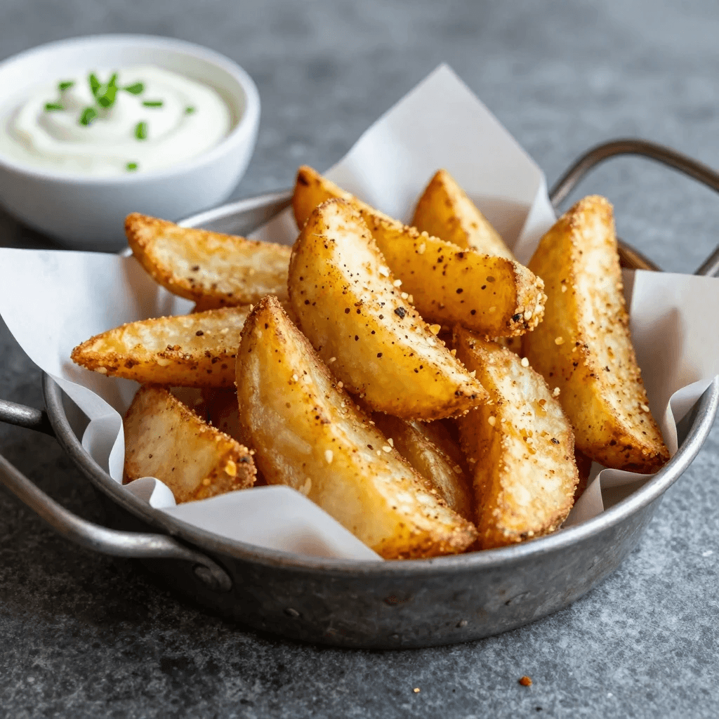 Seasoned air fryer potato wedges lined with parchment paper in a metal basket.