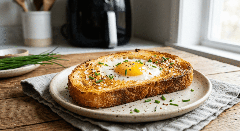 Crispy air fryer egg toast sprinkled with chives and black pepper on a plate.