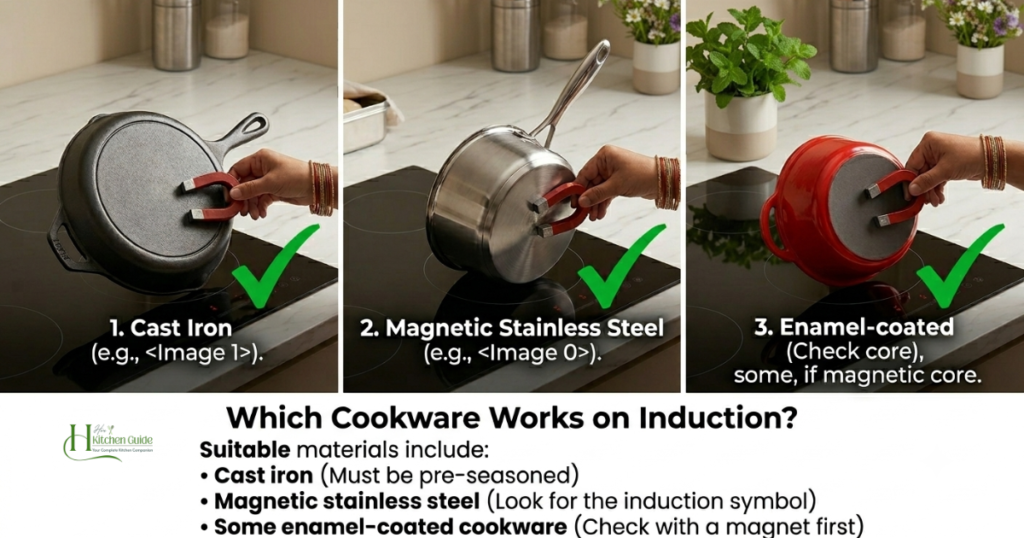 Testing induction-compatible cookware using a magnet.