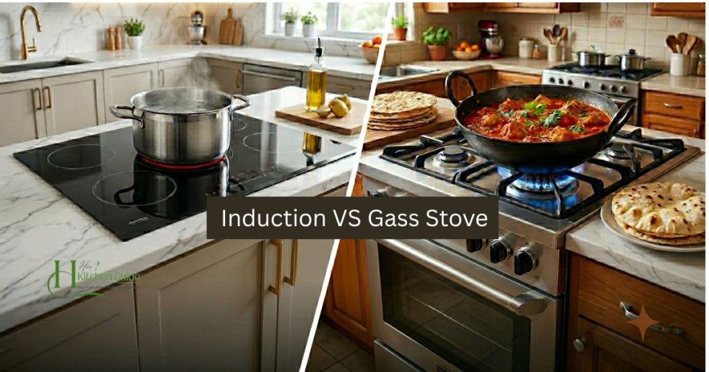 Side-by-side comparison of an induction cooktop and a gas stove in a modern kitchen.
