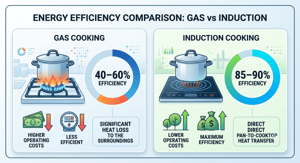 Induction vs gas stove energy efficiency comparison showing direct heat transfer and reduced energy loss.