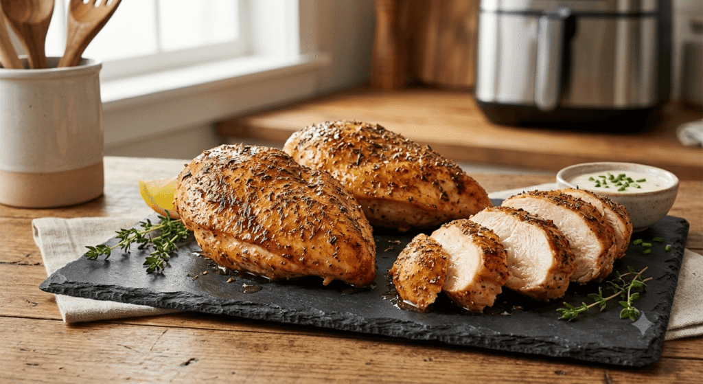Succulent and juicy air fryer chicken breast whole and sliced on a dark platter.