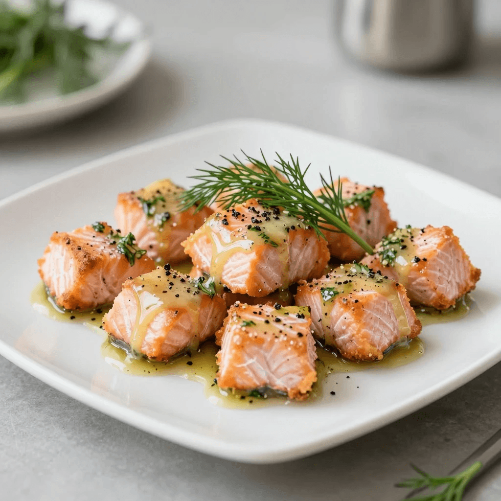 Glazed air fryer salmon bites garnished with fresh dill on a white plate.