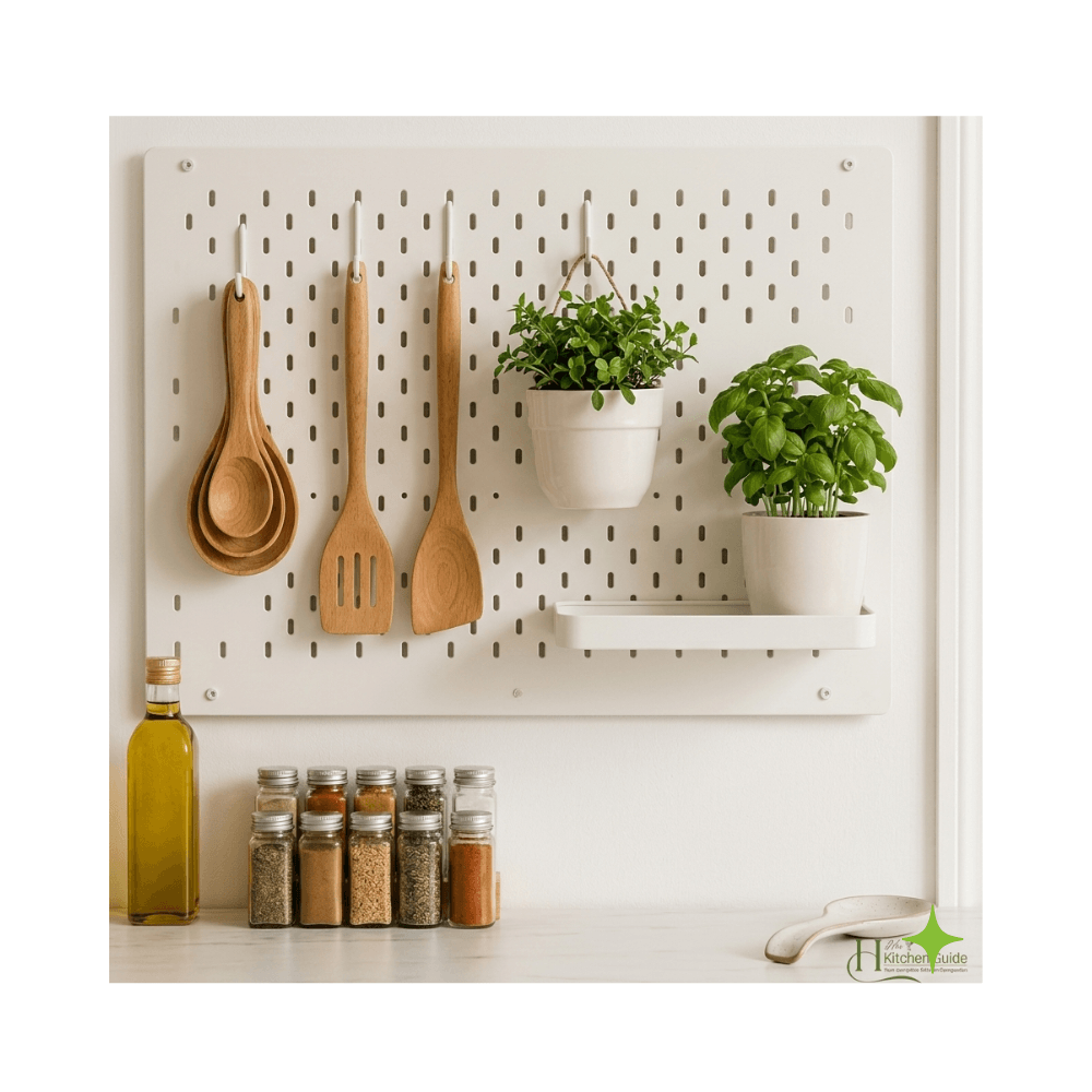 Space saving kitchen utensil rack with pegboard