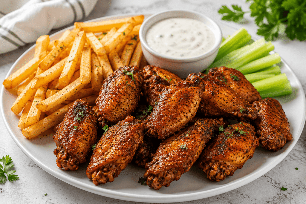 Perfectly cooked crispy golden brown air fryer chicken wings served with French Fries, creamy dip, and Parsly in a serving plate.