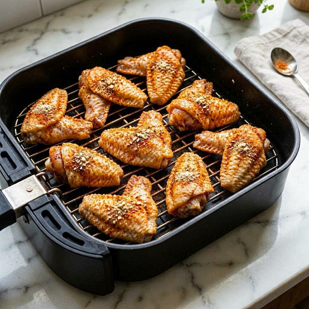 Seasoned raw chicken wings arranged in a single layer inside a black air fryer basket with space between each piece for even air circulation
