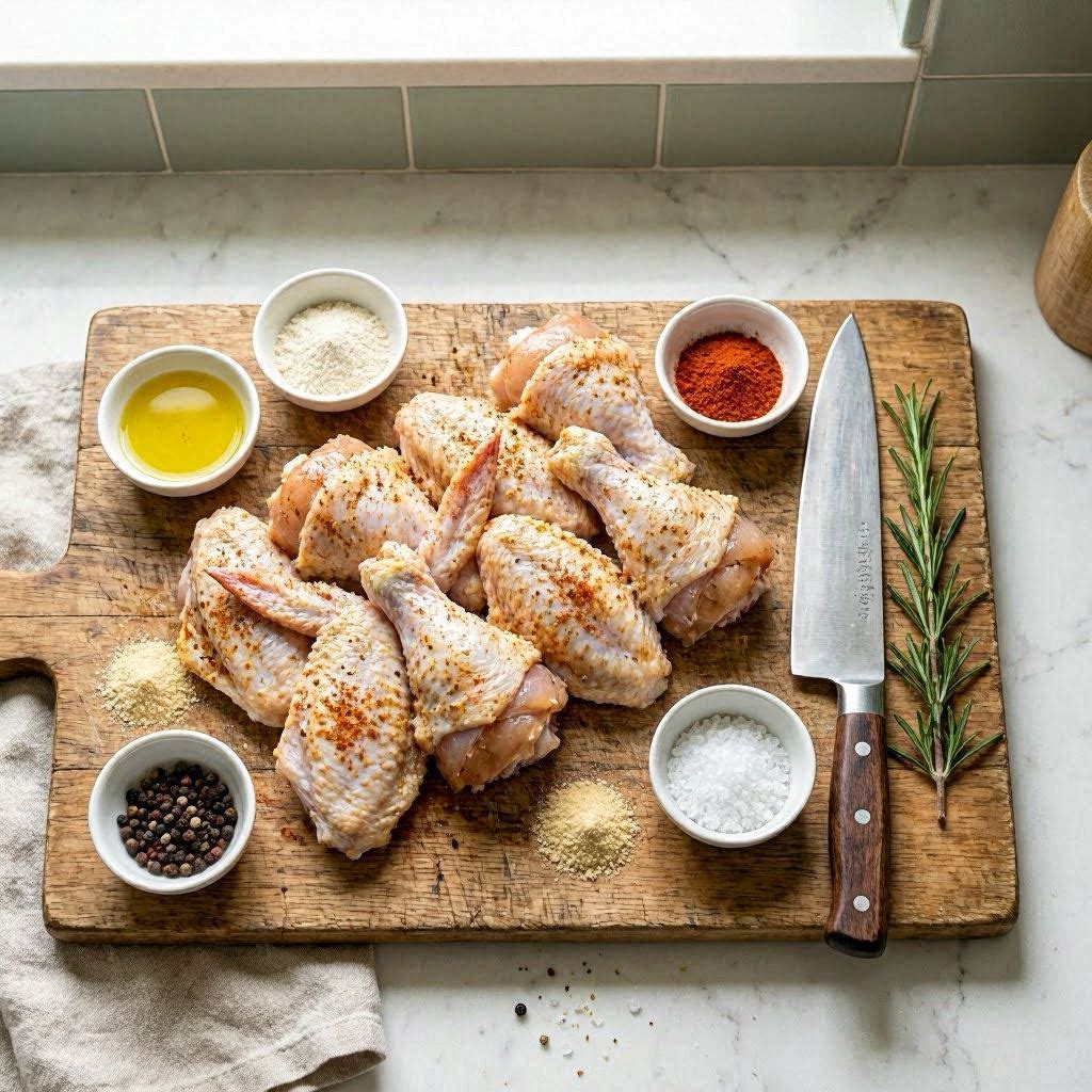 Ingredients for air fryer chicken wings including fresh chicken, paprika, garlic powder, baking powder and olive oil arranged on a white marble surface