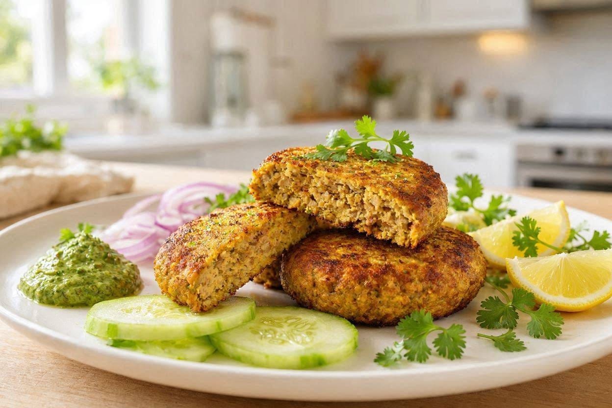 Golden homemade Pakistani chicken shami kababs served with mint chutney, onion rings and lemon wedges.