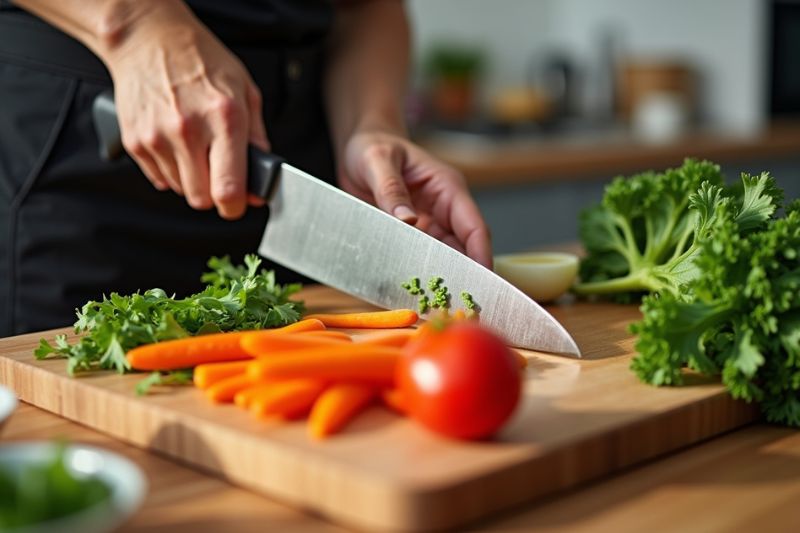 Chef using a sharp chef's knife to chop fresh vegetables