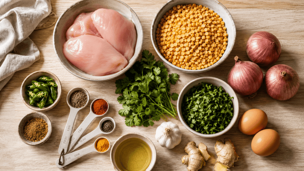 Ingredients for Pakistani Chicken Shami Kabab including chicken breast, soaked chana dal, onions, garlic, ginger, eggs, coriander and spices.