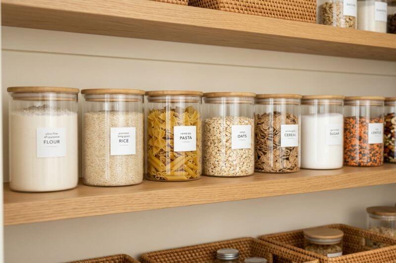 Clear airtight pantry storage containers for flour rice pasta and cereals.