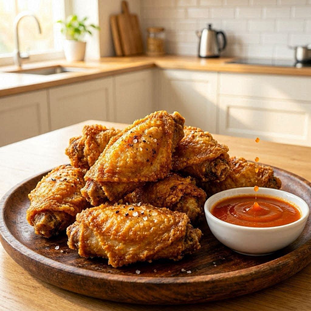 A plate of crispy golden brown air fryer chicken wings served with dipping sauce on a wooden countertop.