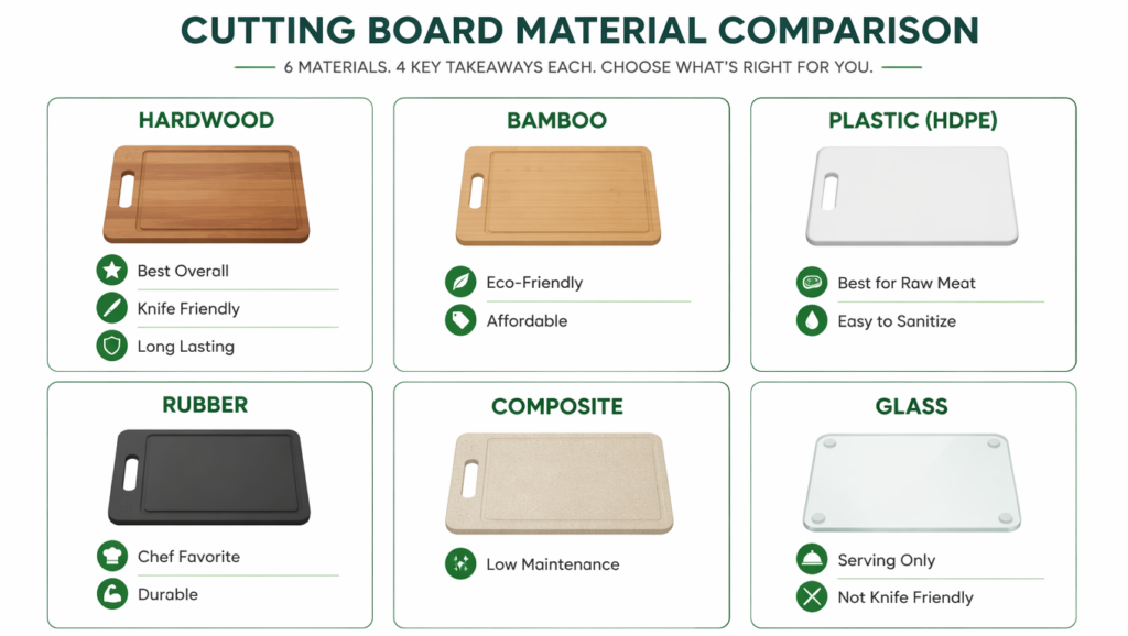 Comparison of different cutting board materials including wood, bamboo, plastic, rubber, composite, and glass