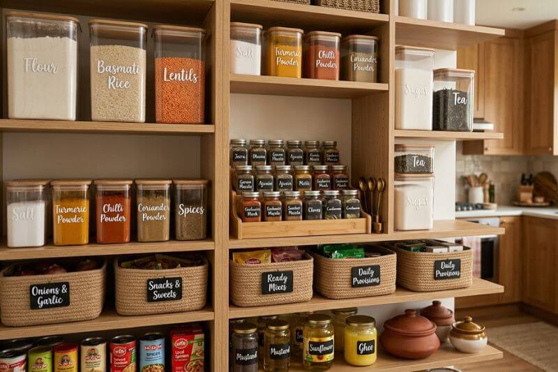 Pakistani kitchen pantry organization with flour rice lentils and spice storage.