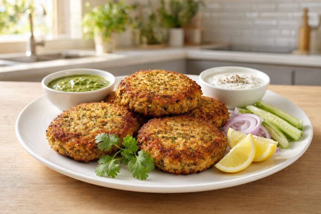 Homemade Pakistani Chicken Shami Kababs served with mint chutney, raita, onion rings and lemon wedges.