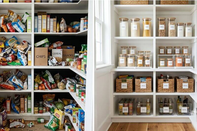 Messy pantry compared with an organized pantry using storage containers.
