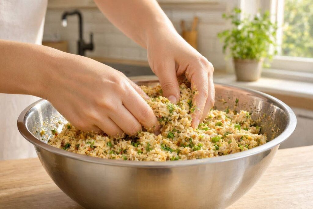 Mixing homemade Chicken Shami Kabab mixture with eggs and fresh coriander by hand.