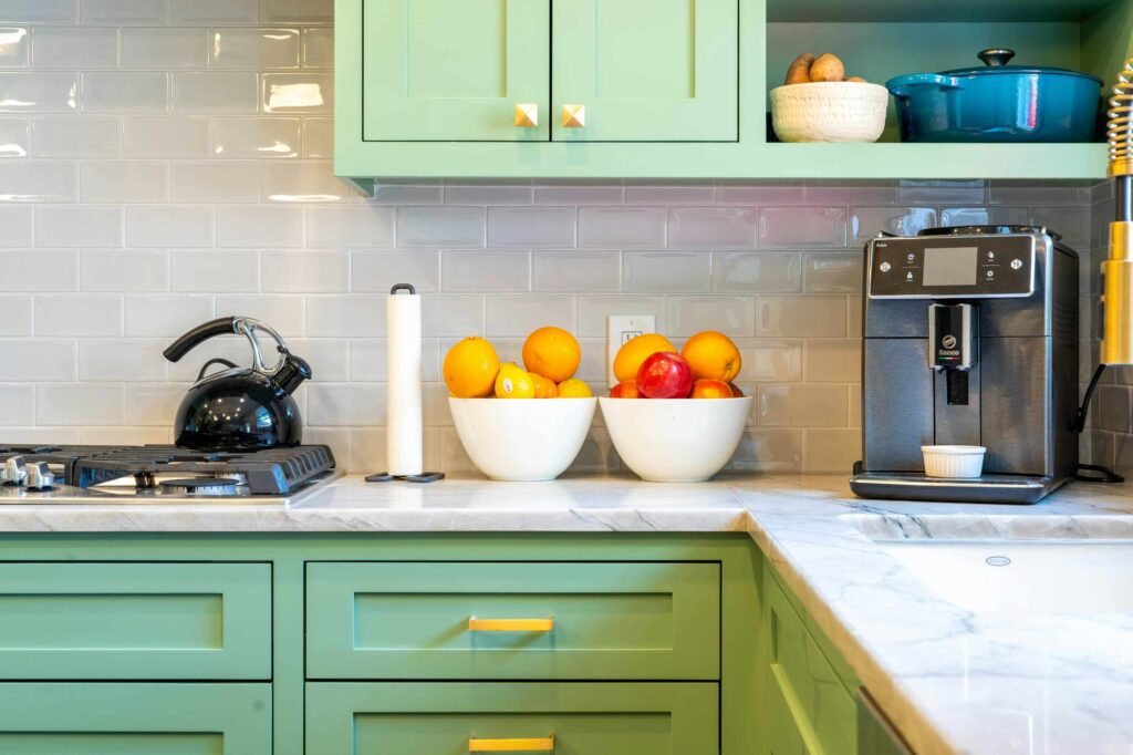 Organized kitchen with neatly stored cookware
