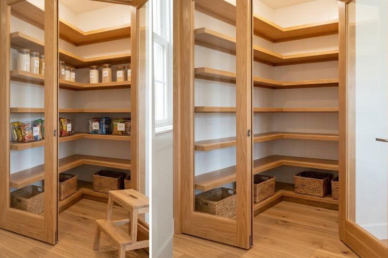 Pantry shelves organized into labeled food zones.