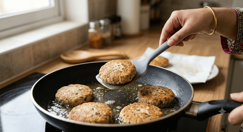 Chicken Shami Kababs being shallow fried until golden brown in a frying pan.