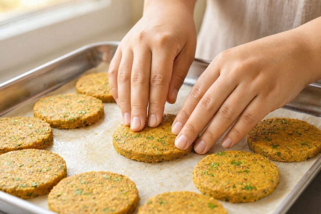 Hands shaping thin round homemade Chicken Shami Kababs on a tray.