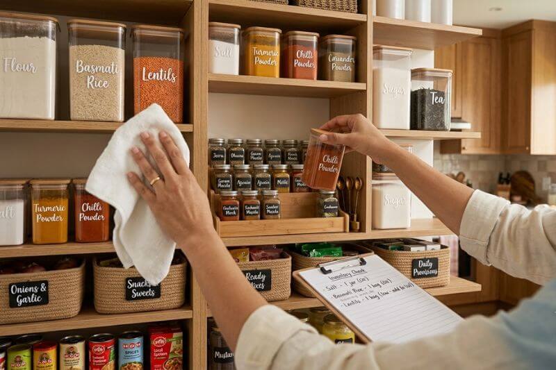 Weekly pantry organization routine for keeping shelves clean and organized.