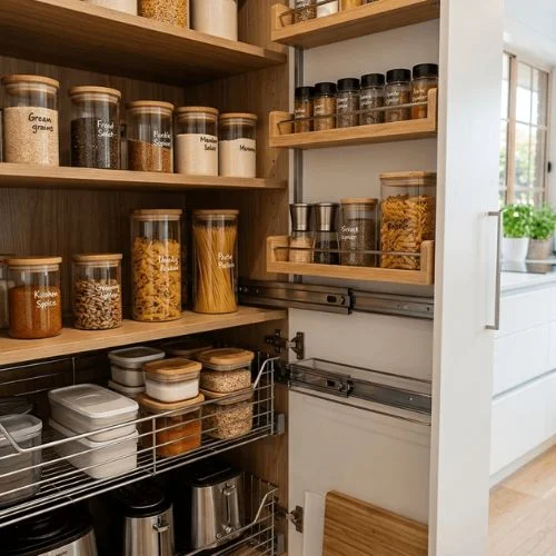 Modern organized kitchen pantry cabinet with glass jars and pull-out storage drawers