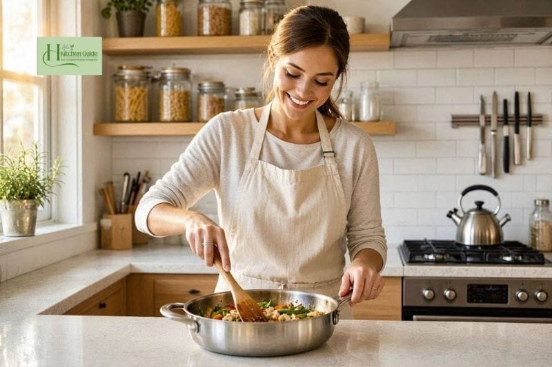 Beginner enjoying cooking after learning time-saving cooking hacks.