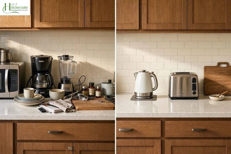 Decluttering unnecessary appliances from a small kitchen countertop