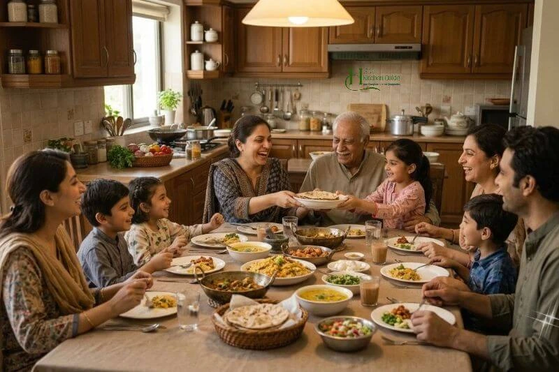 Family enjoying a relaxed meal together at home
