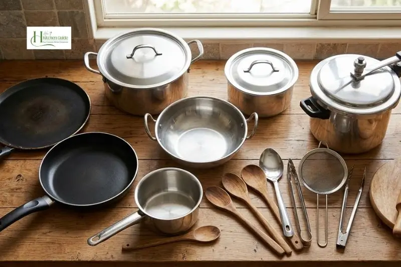Essential cookware including karahi tawa pateelas and pressure cooker