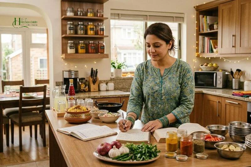 Woman planning a family gathering menu in her kitchen