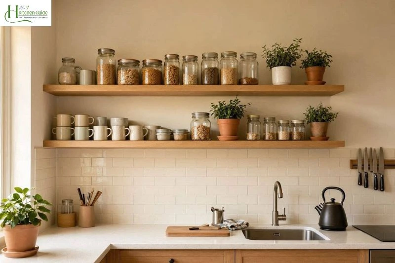 Floating wooden shelves above a small kitchen countertop holding jars, mugs, and plants