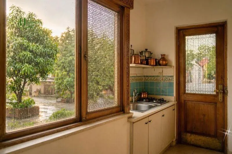 Kitchen jaali mesh screen to help keep fruit flies outside