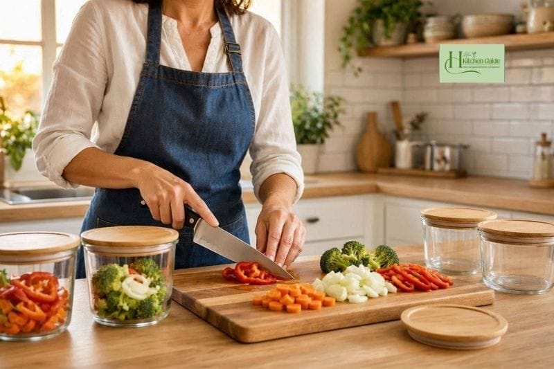 Preparing vegetables in advance to save cooking time.