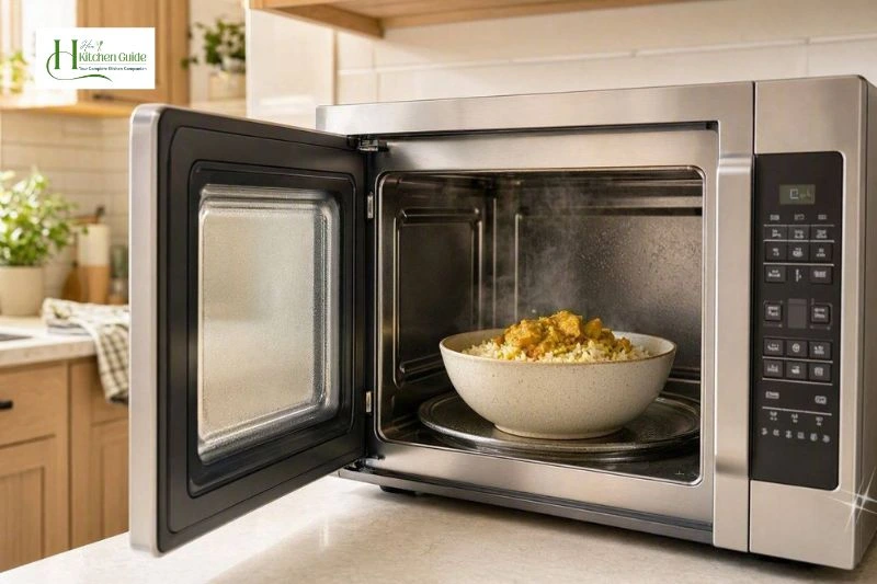 Microwave reheating rice and curry in a home kitchen