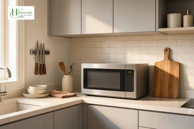 Compact microwave in a small organized kitchen