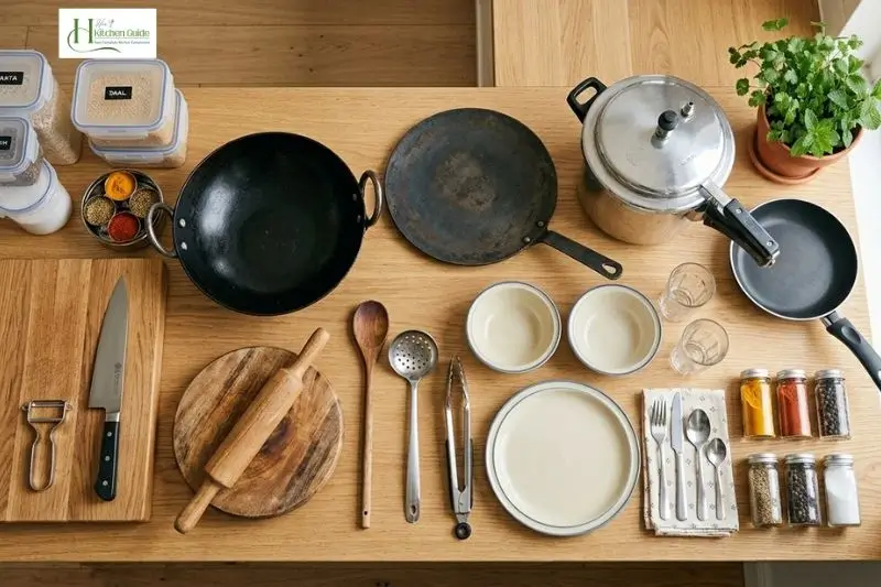 Kitchen Essentials for new brides: Kitchen shopping checklist with cookware utensils storage and dinnerware