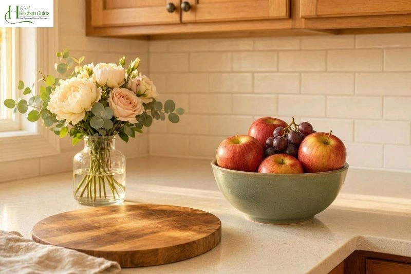 Bright and organized small kitchen countertop with fresh fruit, wooden cutting board, and minimal clutter