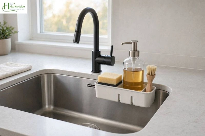 Organized kitchen sink area with a slim sink caddy for soap, sponge, and cleaning brush